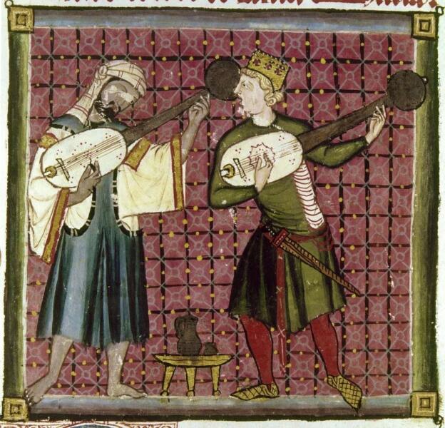 Состязание мусульманского и христианского музыкантов. Миниатюра из сборника кантиг короля Альфонса X. XIII век