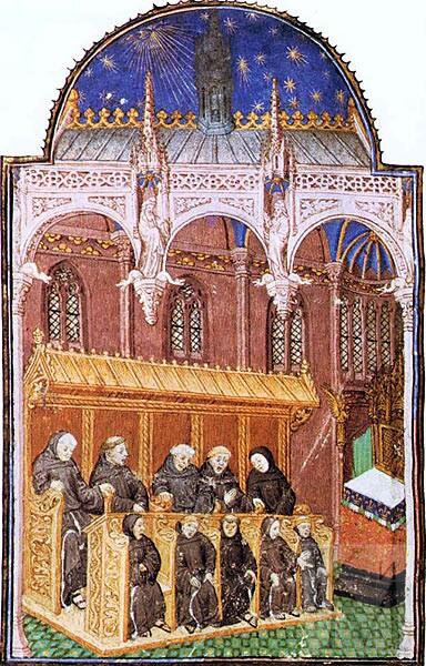 Монахи, поющие во время богослужения. Миниатюра, около 1430 г.