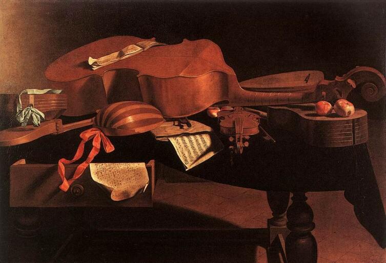 Картина Эваристо Башениса, ок. 1650 г. Музыкальные инструменты: харди-гарди, виола, лютня, барочные скрипка и гитара