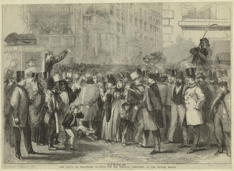 Карикатура Томаса Наста на толпу, ожидающую прибытия Линкольна в Балтимор, 23 февраля 1861 г