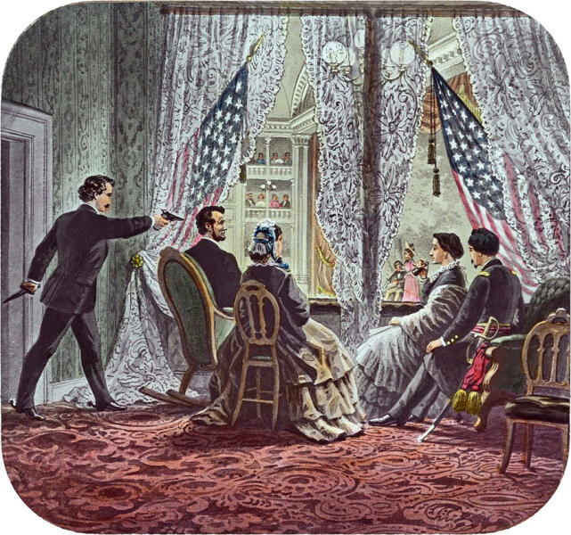 В президентской кабинке театра Форда слева направо изображены убийца Джон Уилкс Бут, Авраам Линкольн, Мэри Тодд Линкольн, Клара Харрис и Генри Рэтбоун