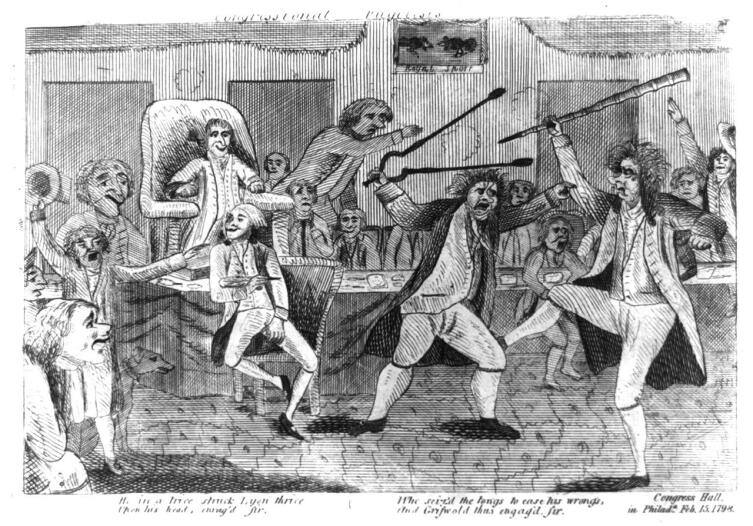 Рисунок, изображающий драку между конгрессменами Мэтью Лайоном и Роджером Грисволдом, которая произошла на одном из слушаний по импичменту Блаунта в январе 1798 г.