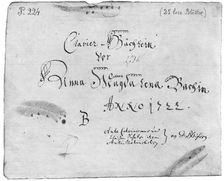 Обложка первого «Альбома Анны Магдалены Бах» 1722 года с посвятительной надписью Иоганна Себастьяна Баха