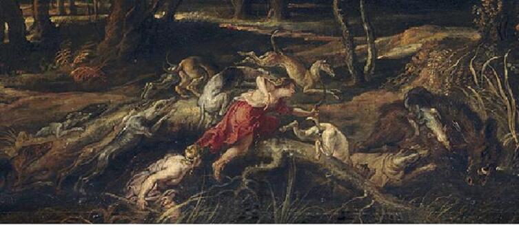 Питер Пауль Рубенс, Аталанта и Мелеагр охотятся на калидонского кабана, фрагмент «Аталанта стреляет из лука, собаки нападают на кабана»
