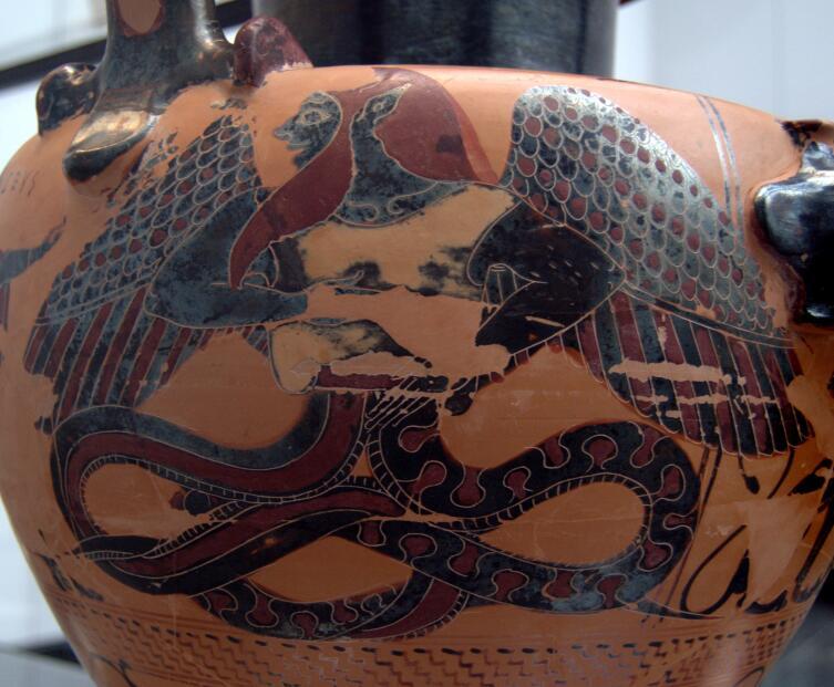 Гидрия из эвбейской Халкиды: Зевс поражает Тифона молниями, 540 год до н.э., Государственное античное собрание, Мюнхен, Германия