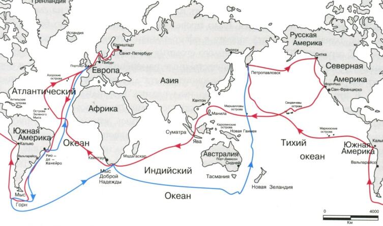 Плавания В. М. Головнина на шлюпе «Диана» (синий маршрут) в 1808—1811 годах и шлюпе «Камчатка» (красный маршрут) в 1817—1819 гг.