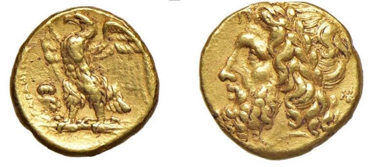 Зевс, золотая монета статер, Калабрия, Таранто 272 год н.э.