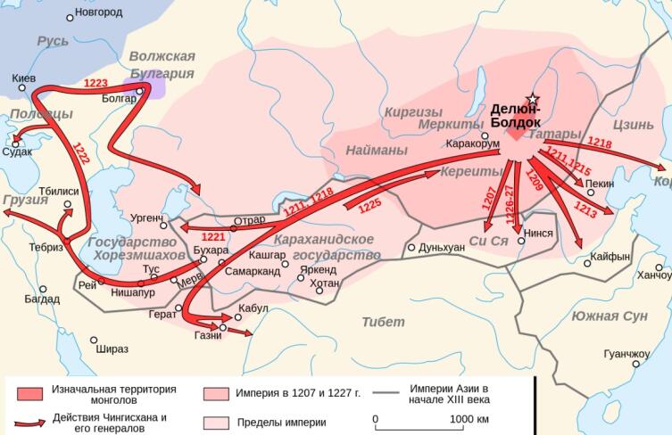 Походы Чингис-хана и территория его империи к 1227 году