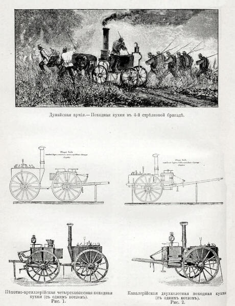 Рисунки из статьи «Военно-походные кухни» (Военная энциклопедия) наверху: походная кухня во время Русско-турецкой войны 1877—1878 внизу: казённые пехотно-артиллерийская и кавалерийская кухни системы «К. Брун и Сын», принятые в 1898 году