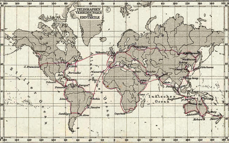 Наиболее важные телеграфные линии к 1891 году.